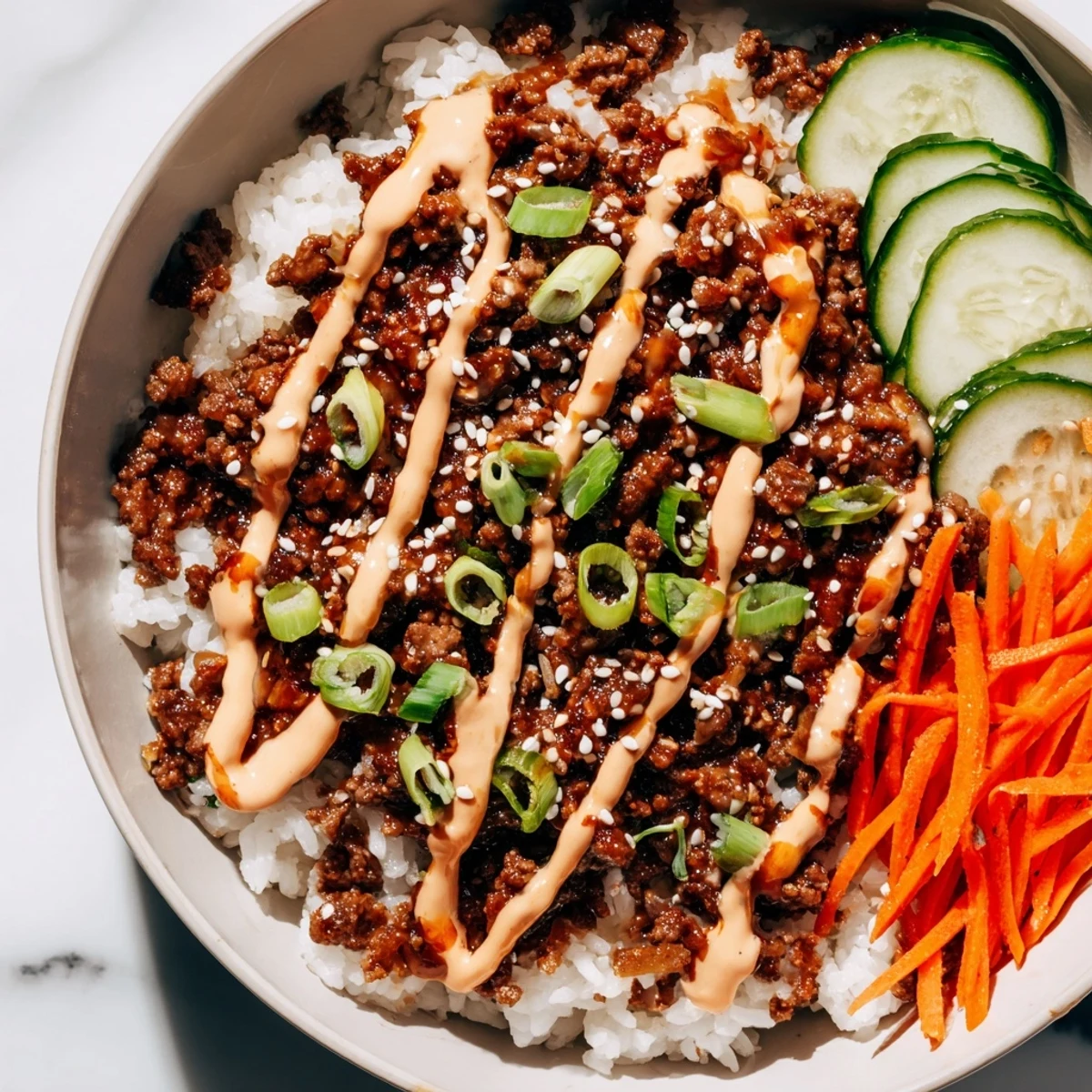 Close-up of a Korean Beef Bowl with Spicy Mayo drizzle, featuring tender ground beef and fresh shredded red cabbage for a colorful meal.