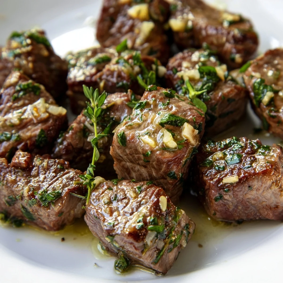 Golden pan-seared garlic butter steak bites garnished with fresh parsley on a white plate