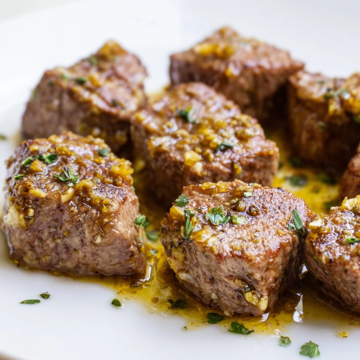 Browned steak bites coated in melted garlic butter served as an appetizer or main dish