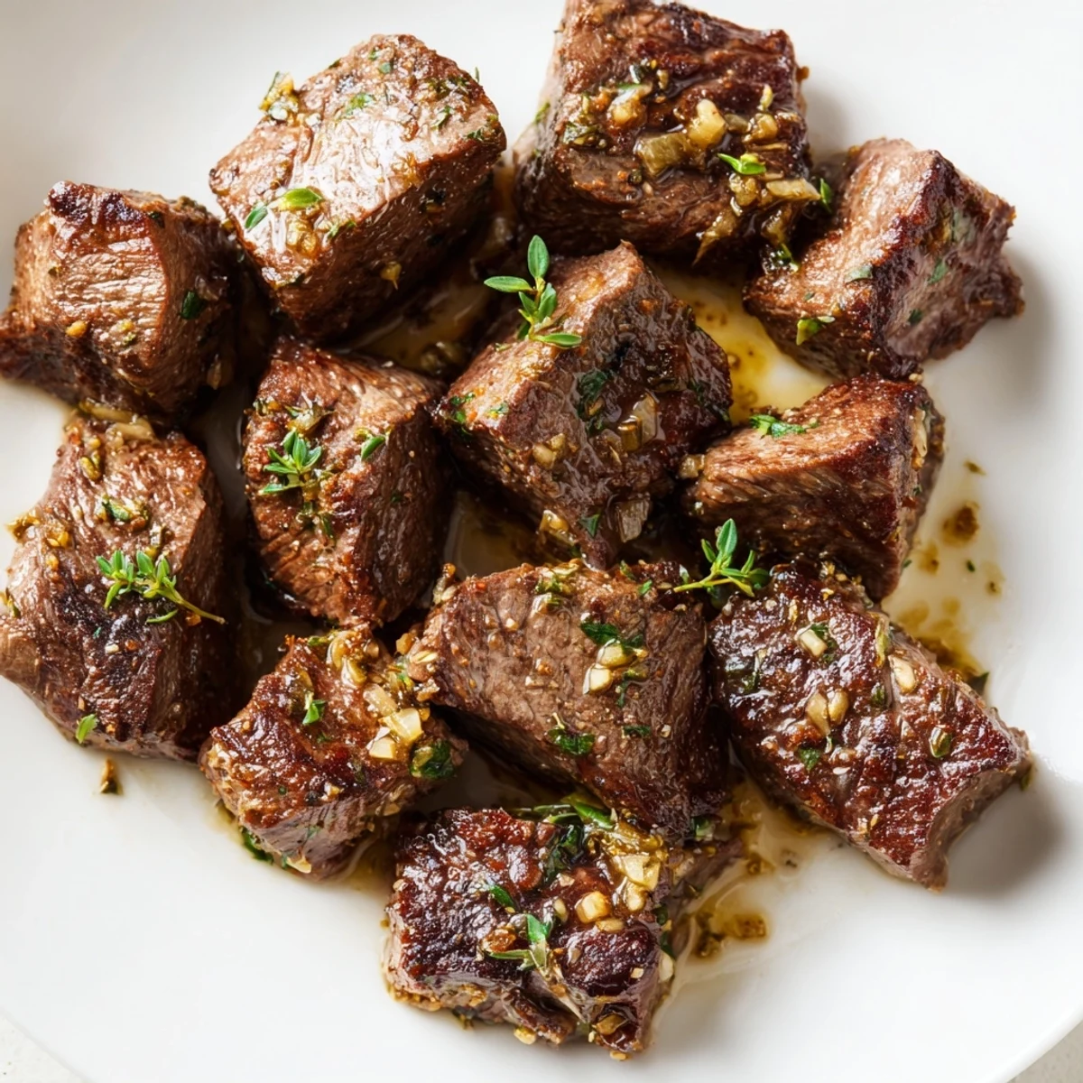 Tender cubed sirloin steak sizzling in rich garlic butter sauce with herbs sprinkled on top