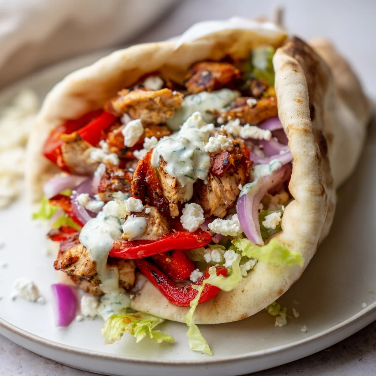 Golden sheet pan chicken pitas stuffed with roasted peppers and creamy herby ranch sauce