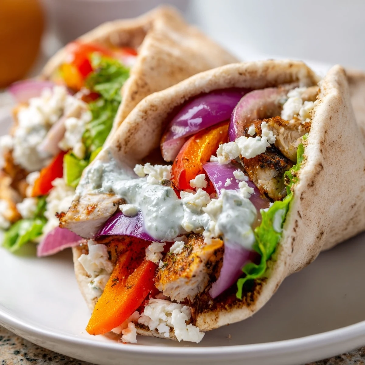 Colorful roasted chicken and vegetables piled into warm pita breads with tangy homemade ranch