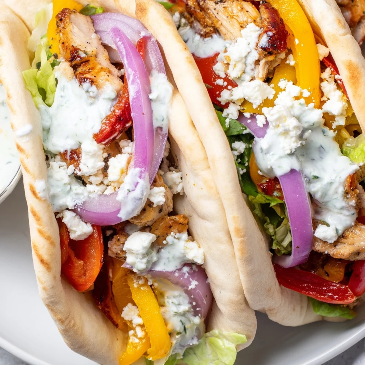 Family-friendly chicken pitas featuring juicy spiced chicken, charred veggies, and fresh herb dressing