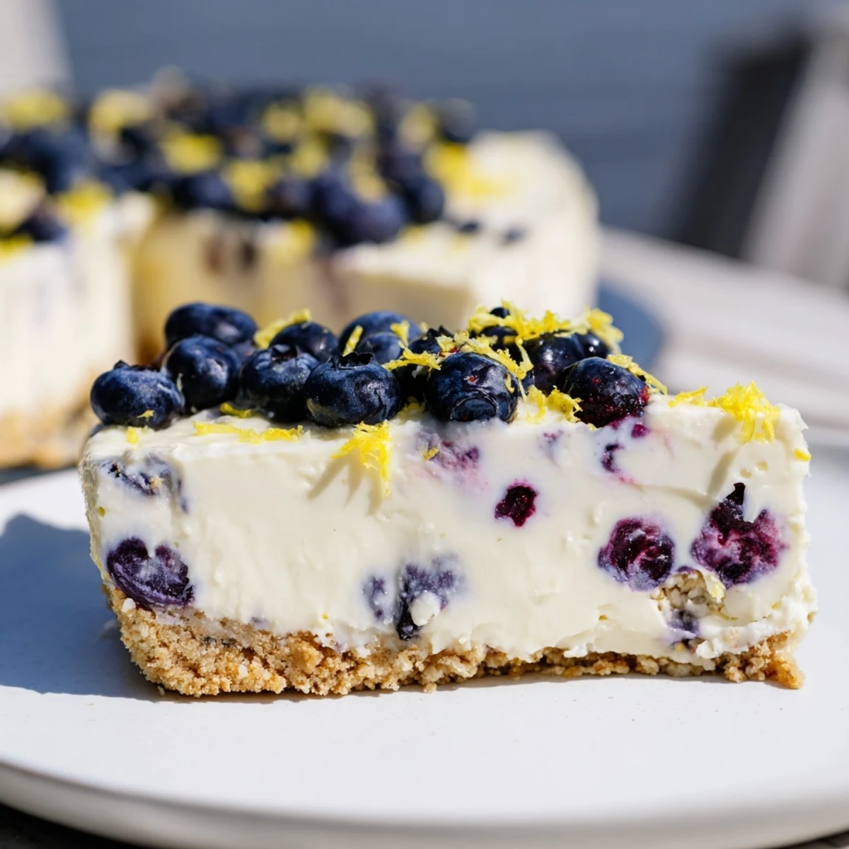 No bake lemon blueberry cream cake topped with fresh blueberries and lemon zest on graham cracker crust
