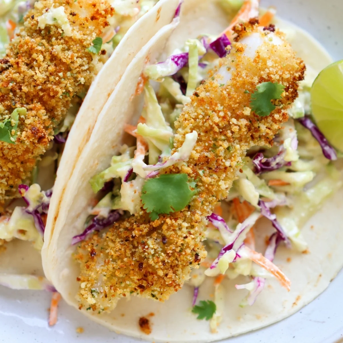 Golden crispy fish tacos topped with colorful cilantro lime slaw in warm tortillas