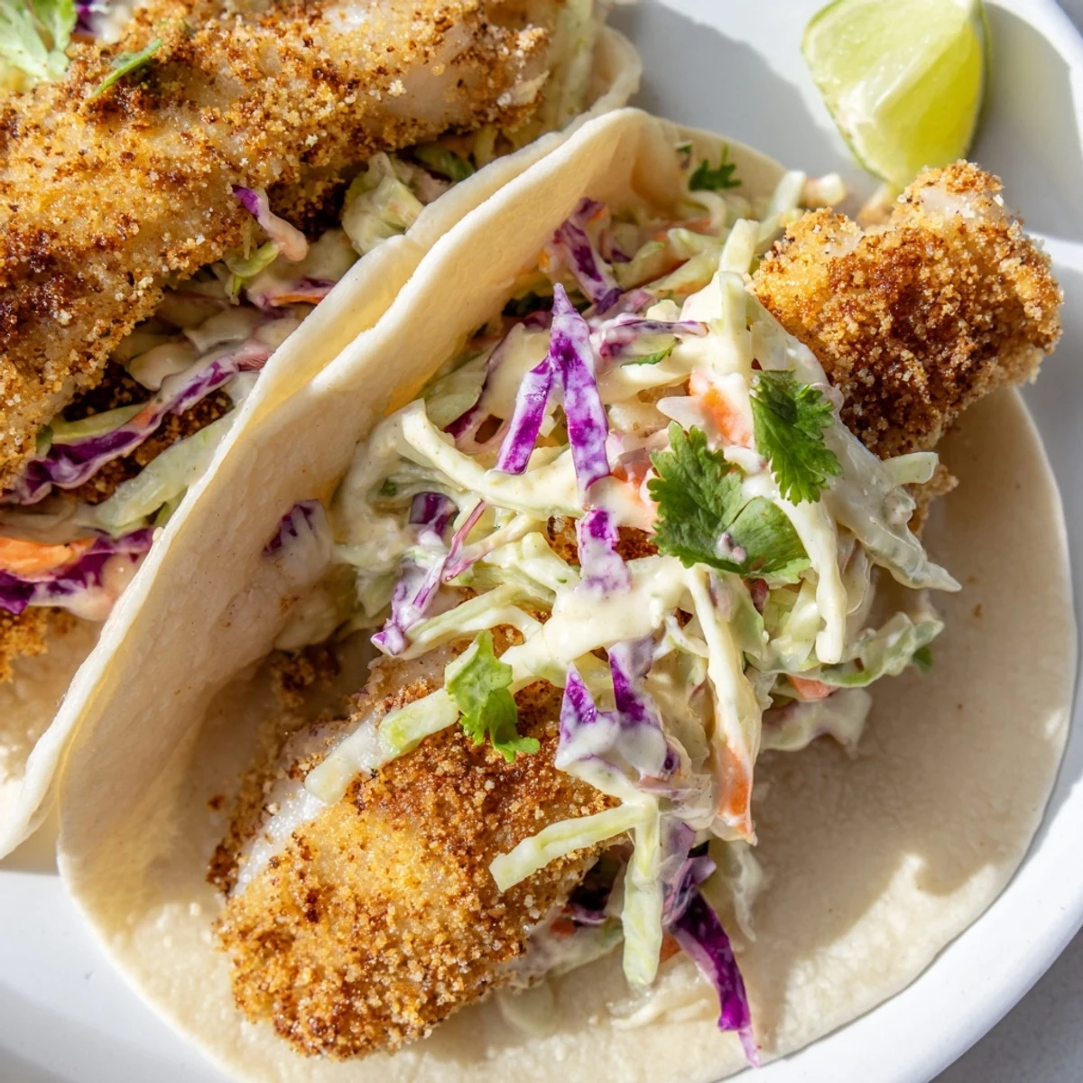 Homemade crispy fish tacos featuring crunchy breaded cod and zesty fresh cabbage slaw