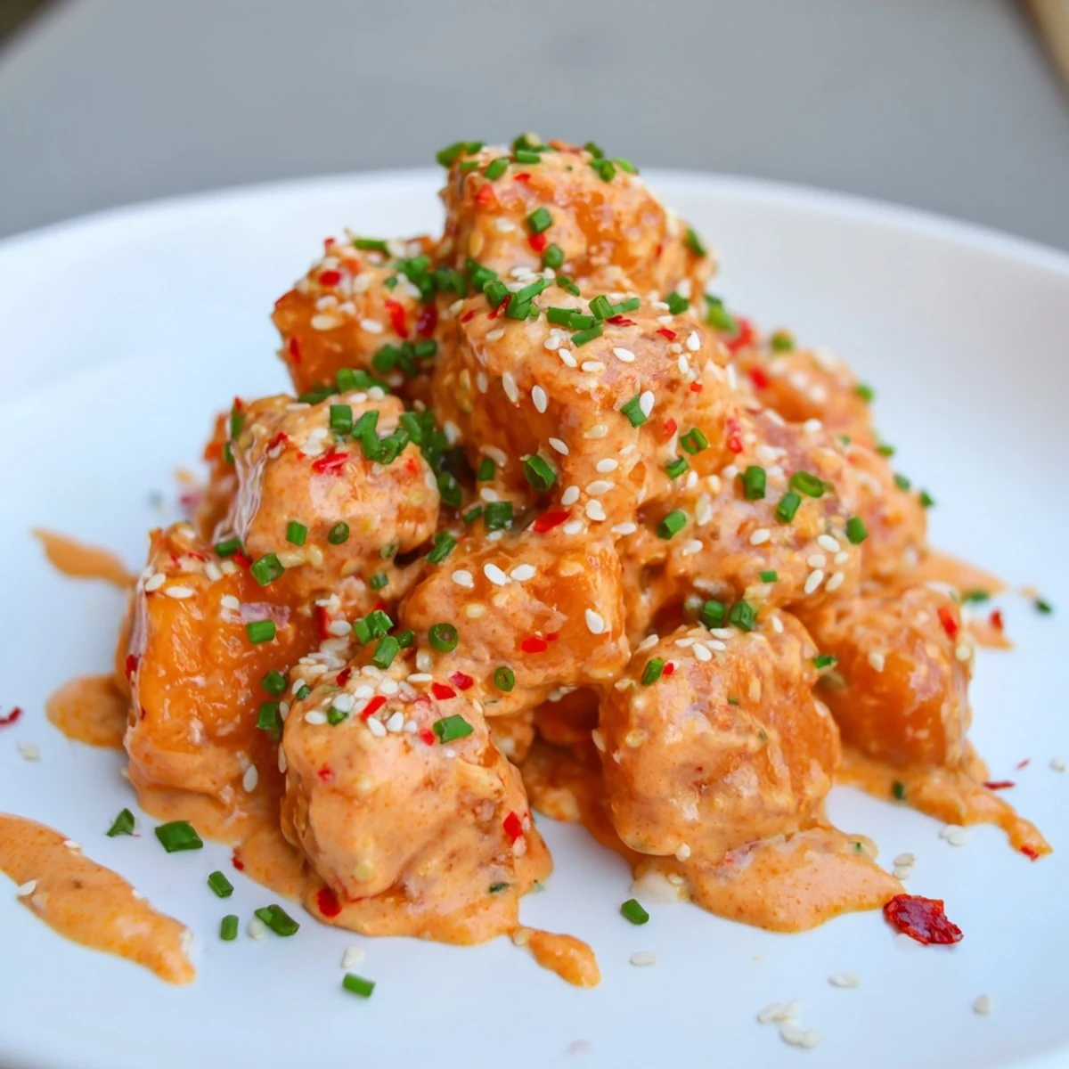 Golden crispy Bang Bang Salmon Bites coated in creamy spicy red sauce garnished with fresh green onions