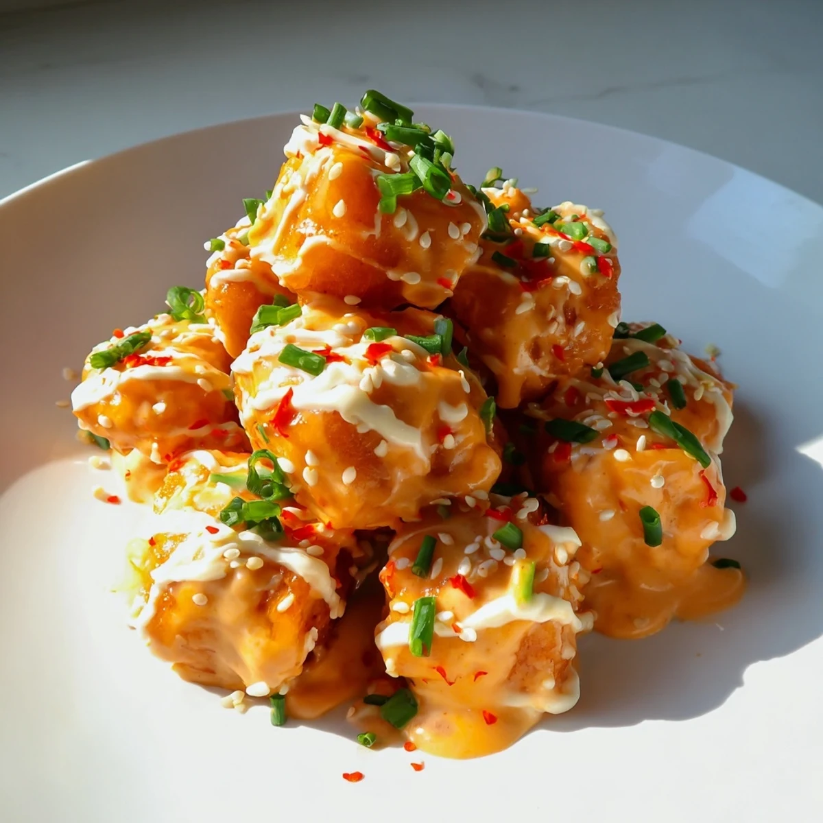 Crispy fried salmon cubes tossed in sweet spicy Bang Bang sauce sprinkled with toasted sesame seeds