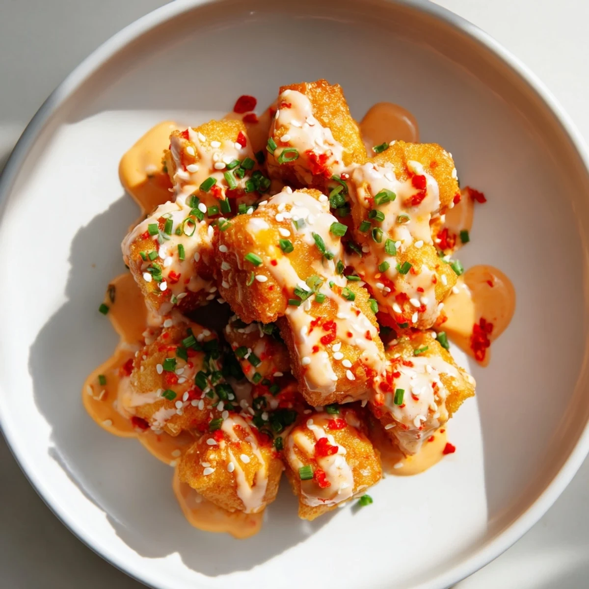 Plate of Bang Bang Salmon Bites drizzled with creamy pink sauce and topped with chopped chives