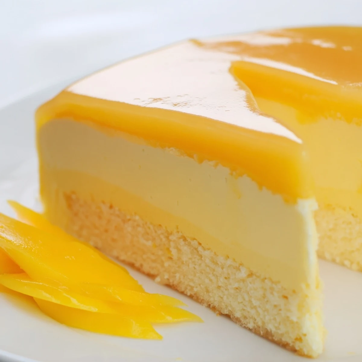 Light and fluffy mango mousse cake layered over tender sponge topped with shiny mango glaze