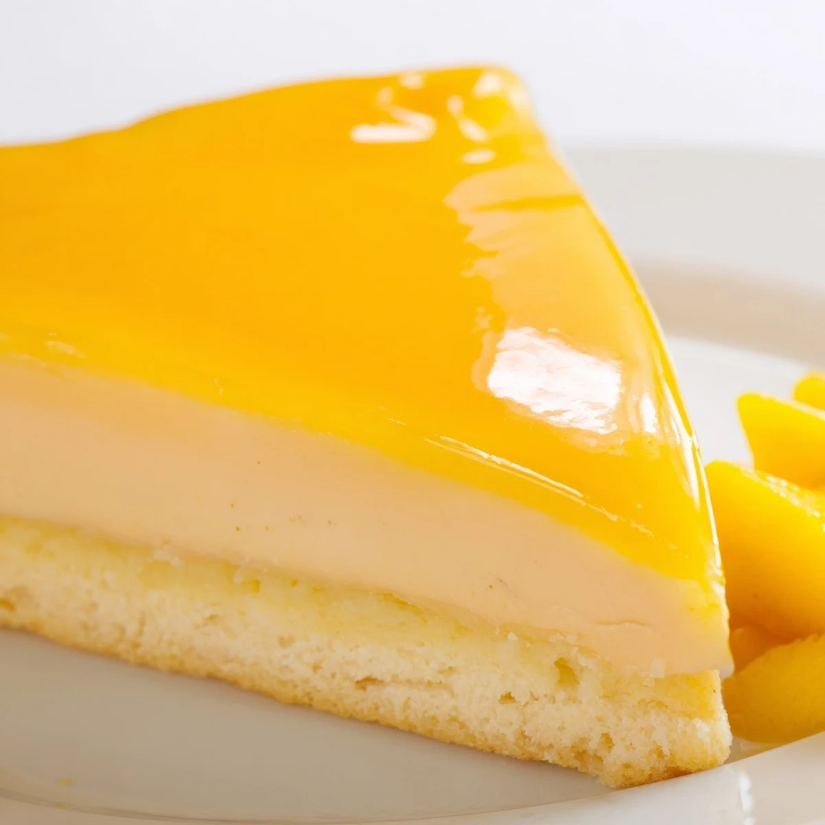 Golden mango mousse cake with glossy fruit glaze and fresh mango slices on a white plate