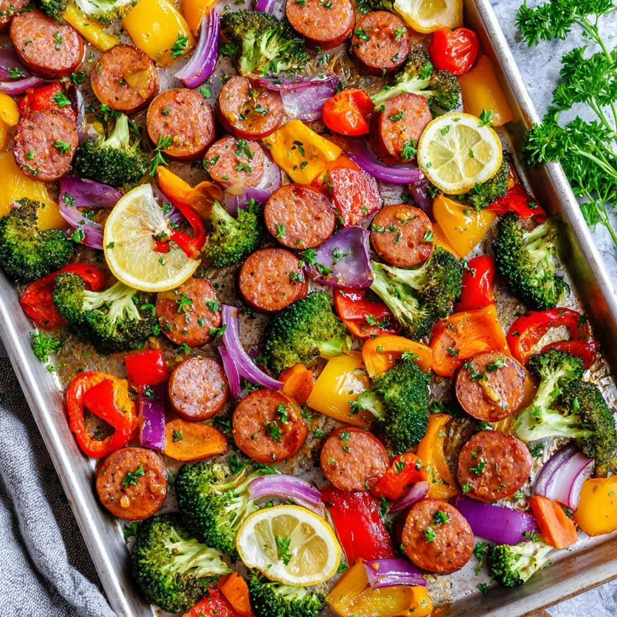 Golden roasted kielbasa and colorful vegetables glazed with sticky honey garlic sauce on a baking sheet