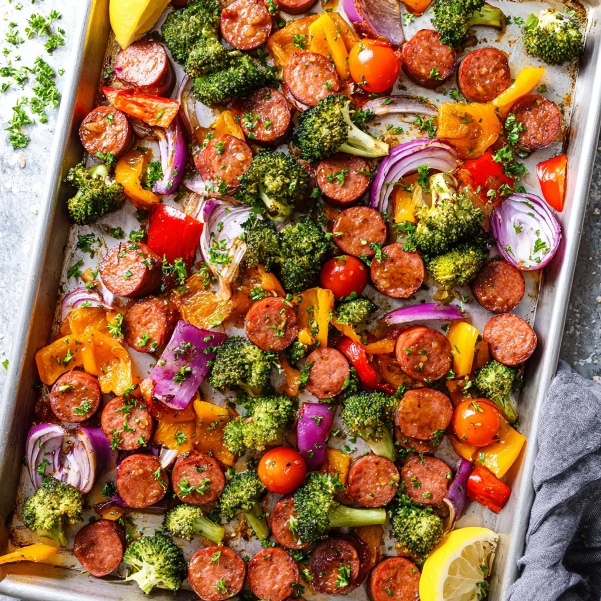 One pan meal with smoked sausage, roasted veggies, and glossy honey garlic coating ready for serving