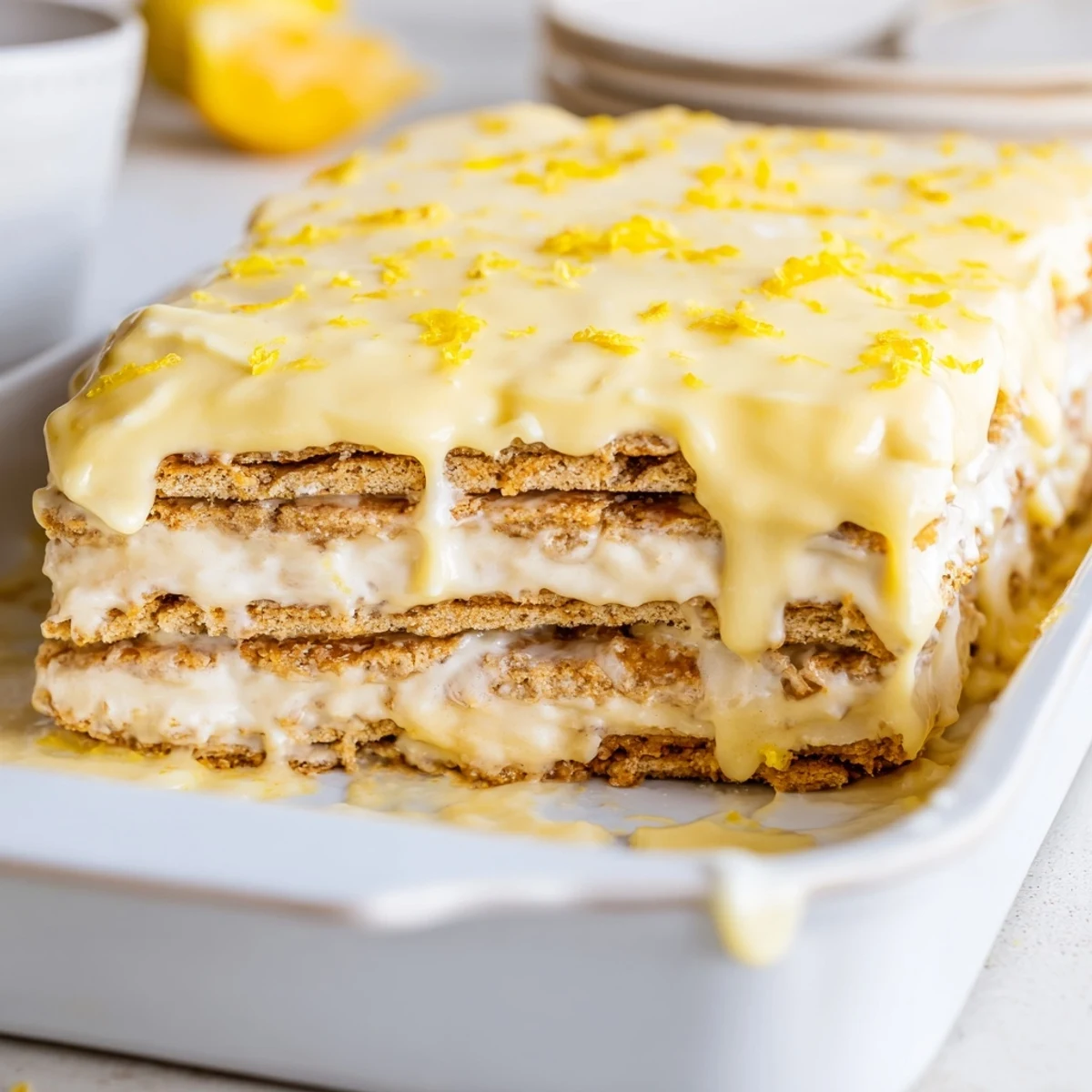 Square piece of no bake lemon eclair cake with visible graham cracker and lemon pudding layers, drizzled with white lemon glaze and garnished with fresh lemon zest