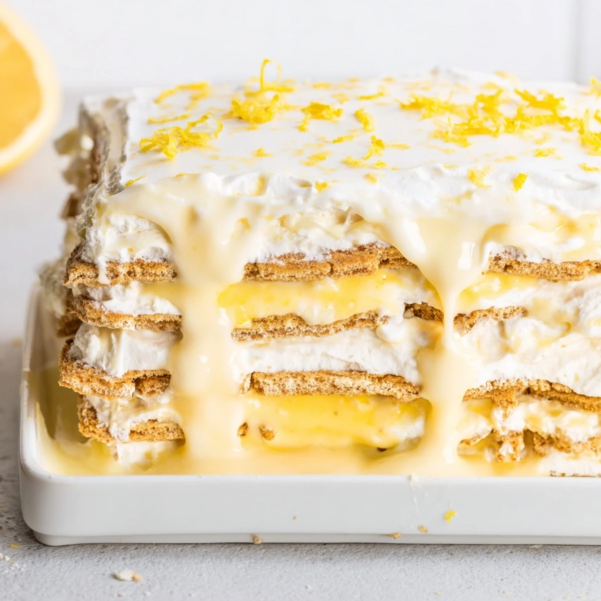 Chilled no bake lemon eclair cake dessert displayed in a glass baking dish, featuring alternating layers of golden graham crackers and bright lemon cream under a sweet glaze