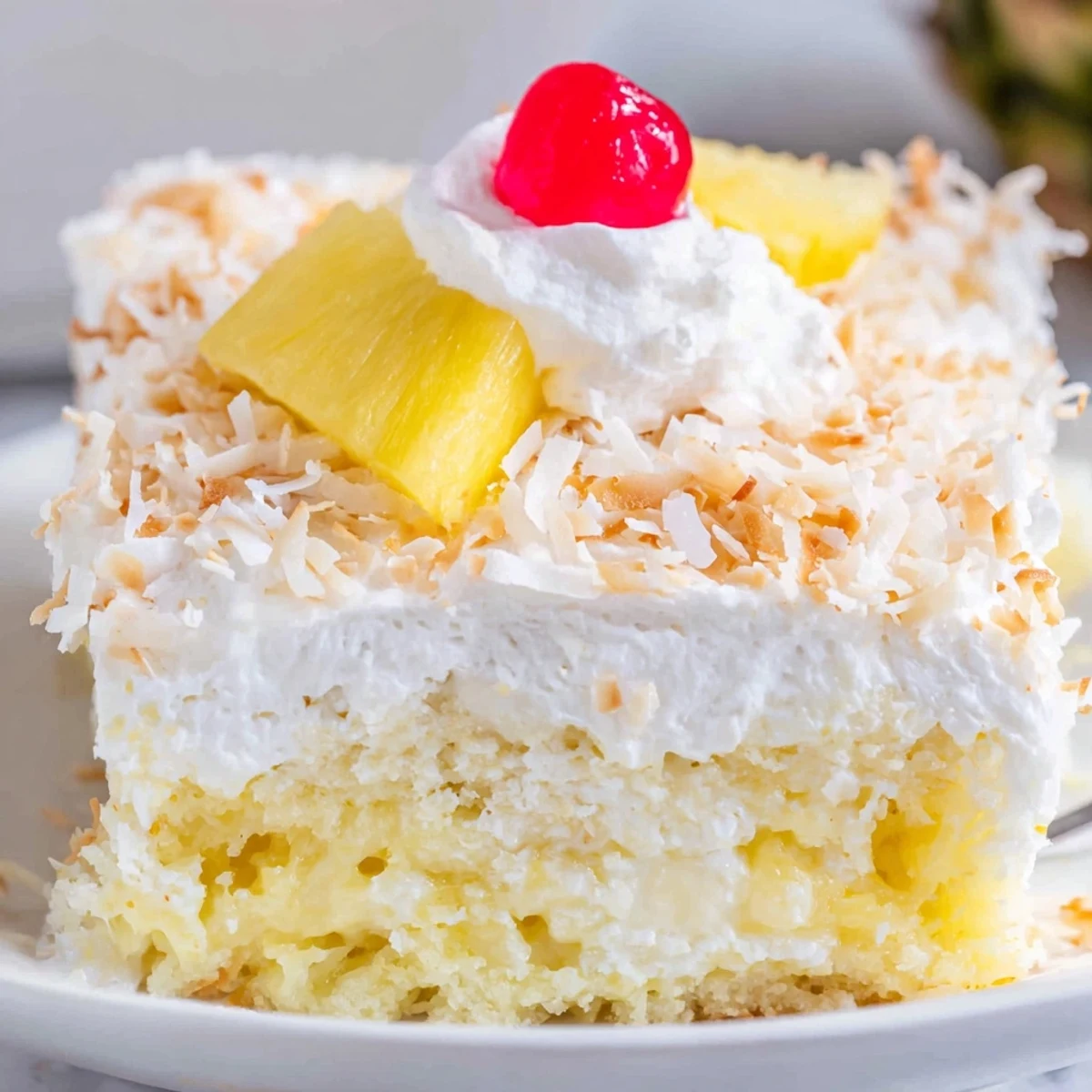 Moist yellow Hawaiian poke cake topped with fluffy whipped cream and golden toasted coconut flakes