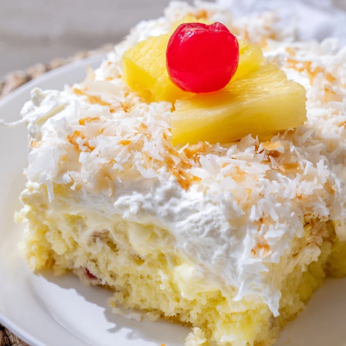 Creamy Hawaiian poke cake dessert with whipped topping, toasted coconut, and maraschino cherry garnish