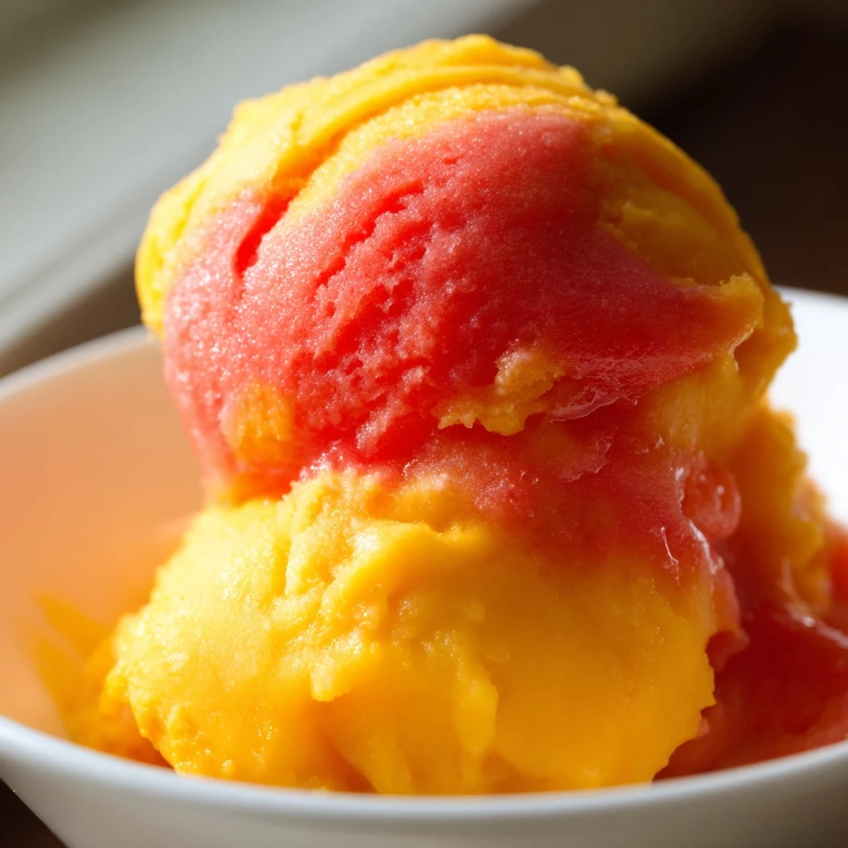 Vibrant mango strawberry sorbet scooped into a chilled bowl with fresh mint garnish