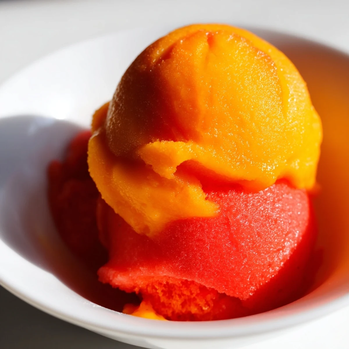 Smooth frozen mango strawberry sorbet displaying bright orange and pink swirled textures