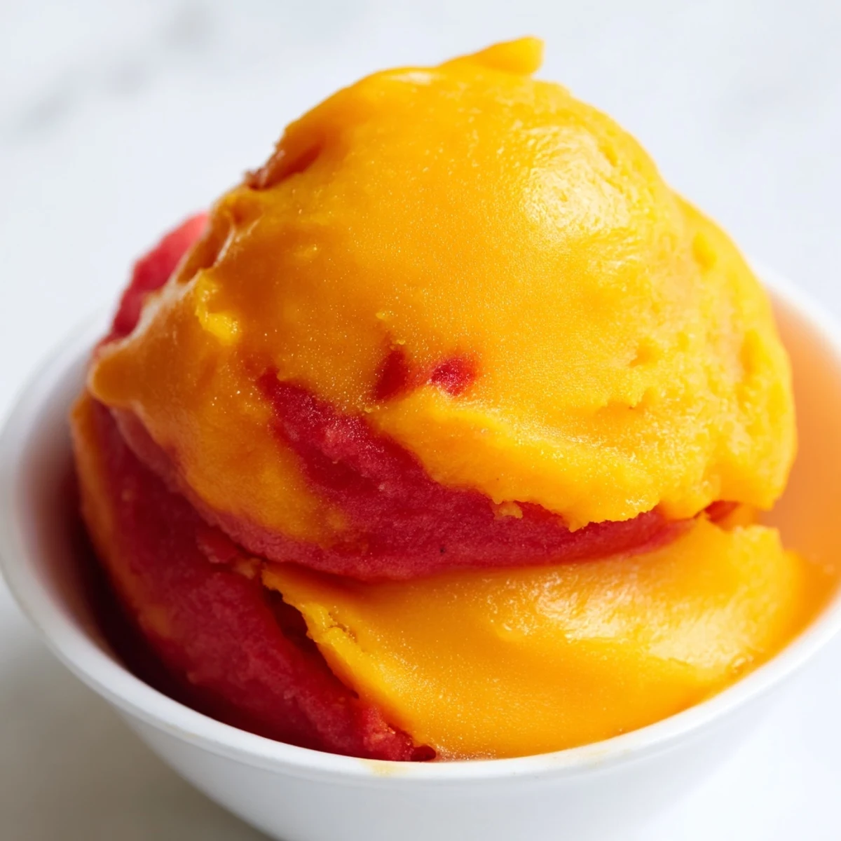 Creamy vegan mango strawberry sorbet served in decorative glass with fresh fruit topping