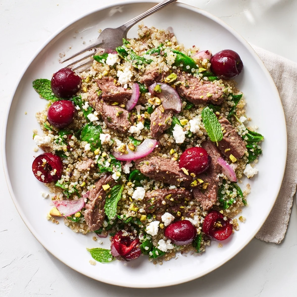 Mediterranean-style cherry quinoa salad featuring tender seared lamb, juicy cherries, and toasted nuts