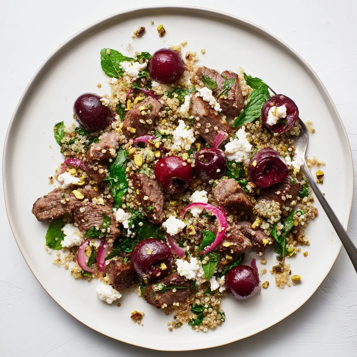 Protein-packed cherry quinoa salad with lamb, fresh greens, and tangy lemon dressing