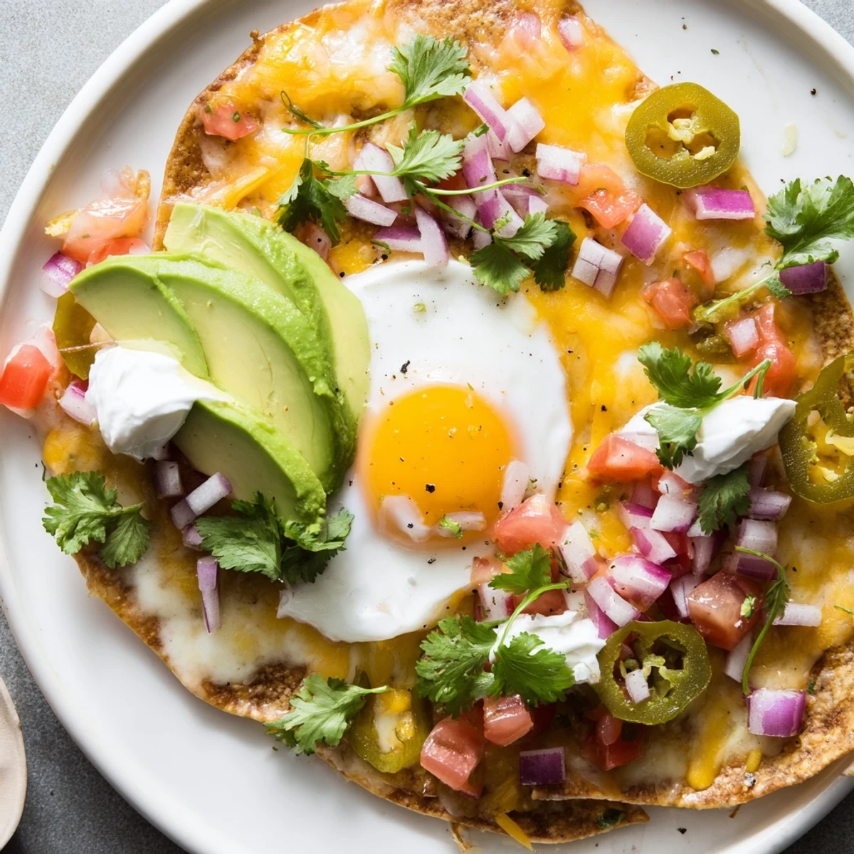 Colorful Mexican egg nachos piled with melted cheese, fresh avocado, sunny-side up eggs and vibrant salsa topping