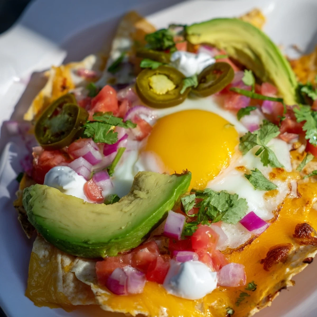Golden tortilla chips layered with cheddar cheese topped with perfectly cooked eggs and zesty Mexican vegetables