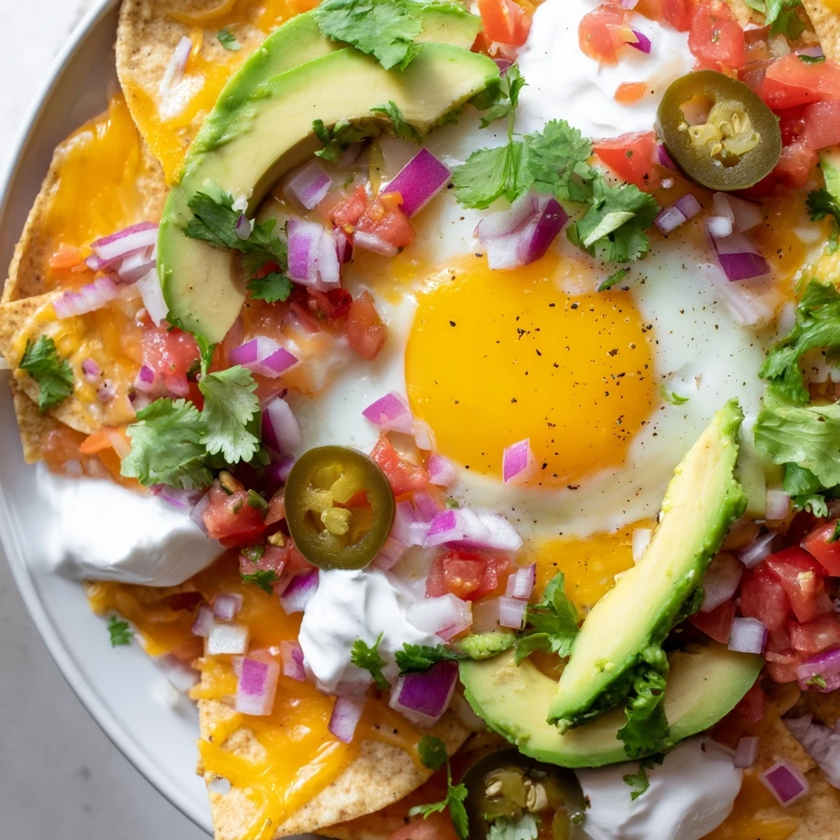 Breakfast nachos featuring crispy chips, runny yolks, creamy guacamole, sour cream and fresh cilantro garnish