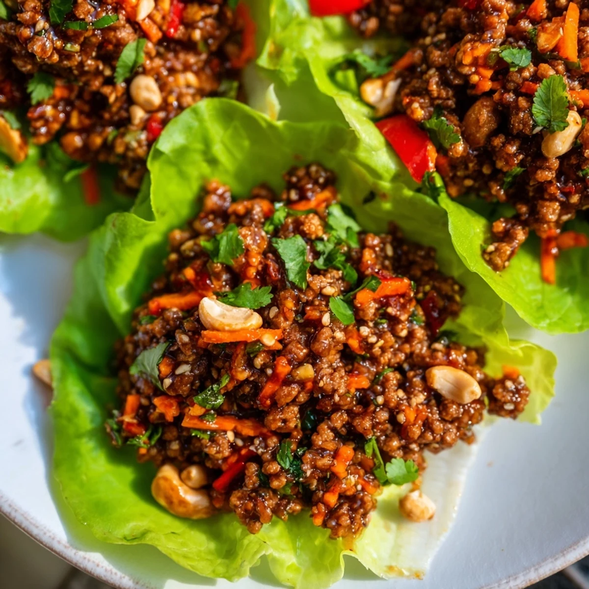 Spoonfuls of Asian-inspired ground beef and roasted cashews nestled in fresh green lettuce leaves with toppings