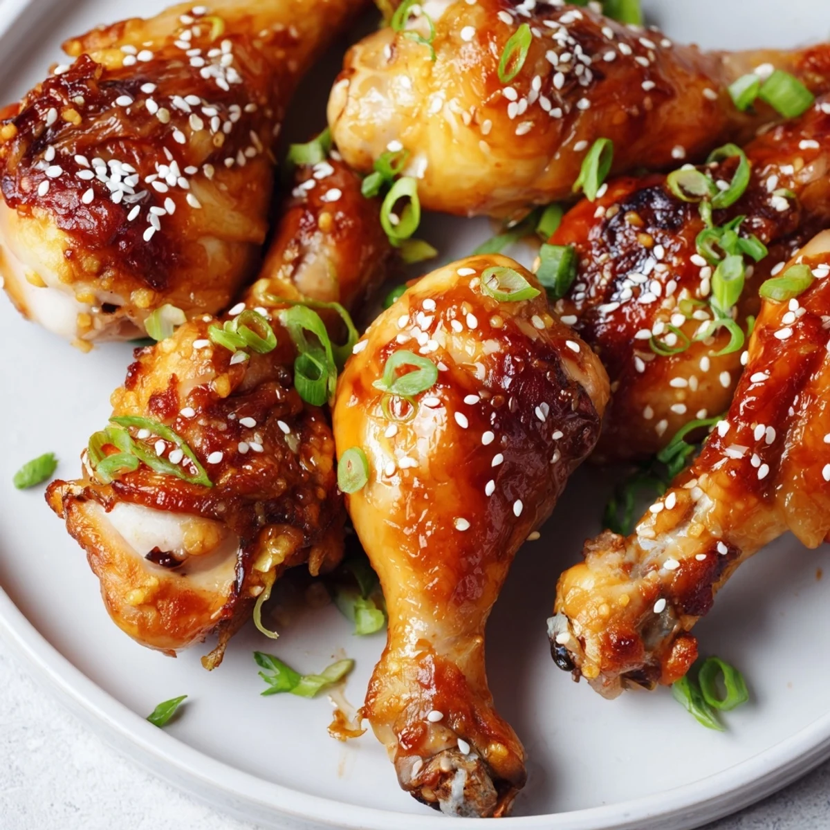 Tender roasted chicken drumsticks coated in sweet honey garlic glaze garnished with fresh sesame seeds