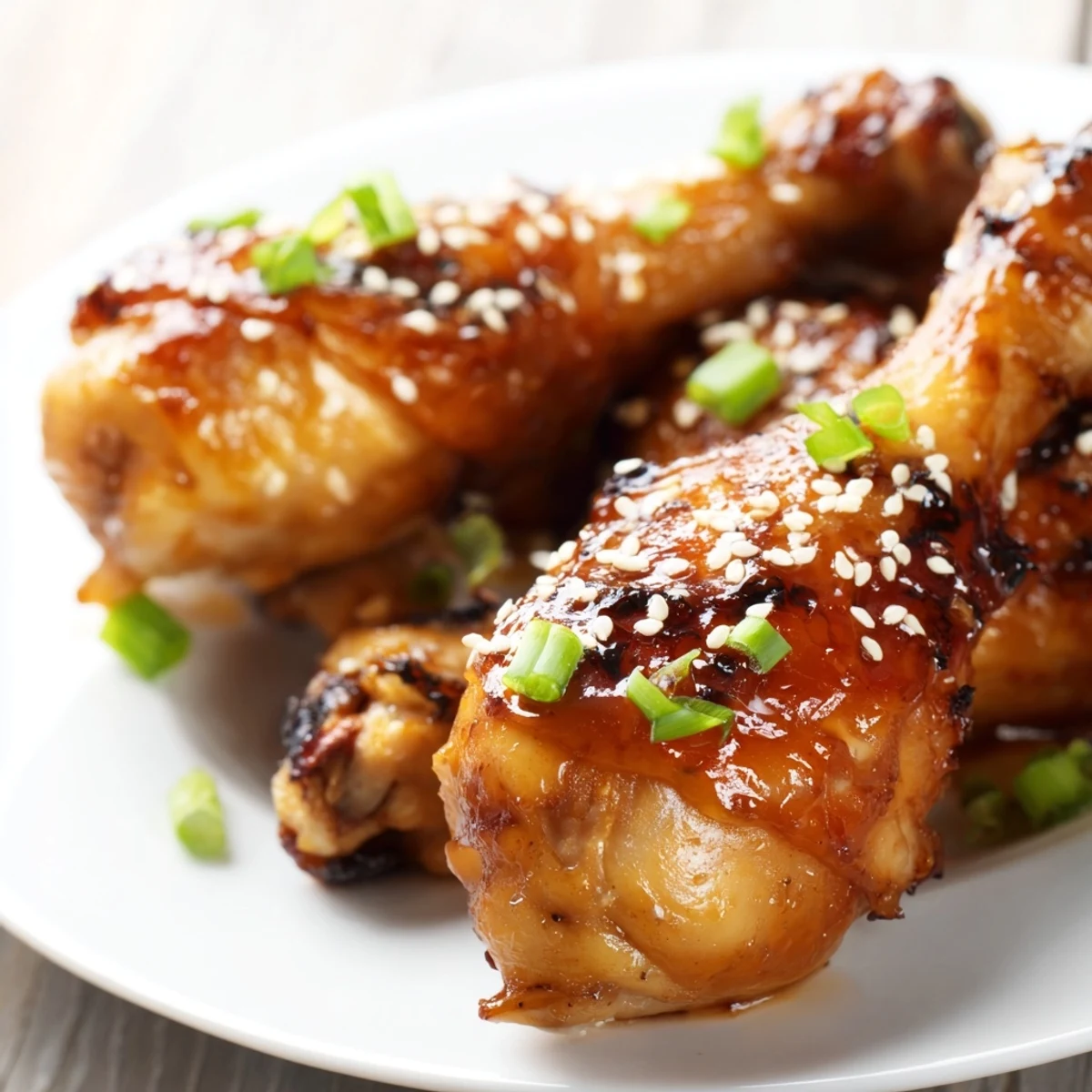Baked chicken drumsticks brushed with thick honey garlic sauce showing crispy skin and juicy meat