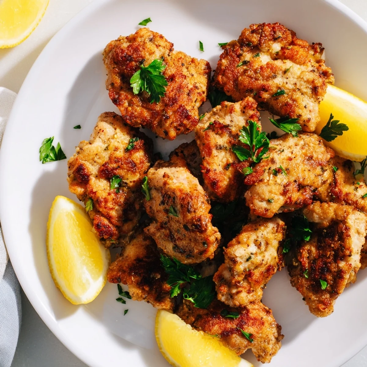 Golden air fryer lemon chicken bites arranged on a white serving plate with fresh parsley garnish