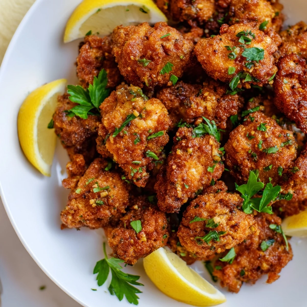 Tender crispy lemon chicken bites paired with lemon wedges on a rustic wooden cutting board