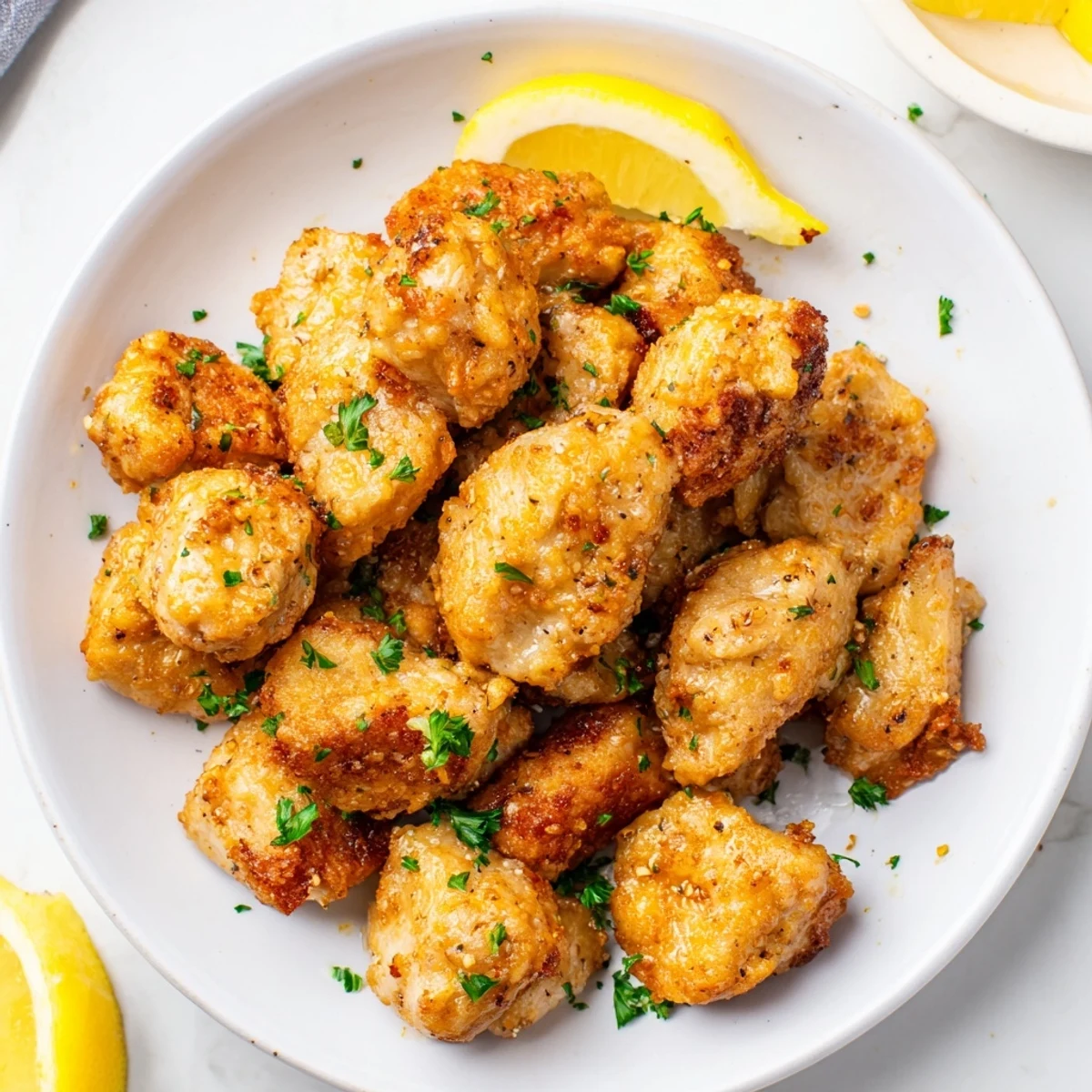 Close-up of juicy air fryer lemon chicken bites with herbs and olive oil drizzle
