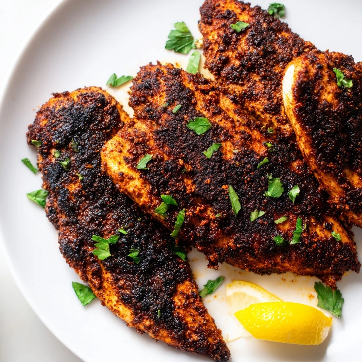 Golden blackened chicken breasts with a dark spicy crust resting on a white plate
