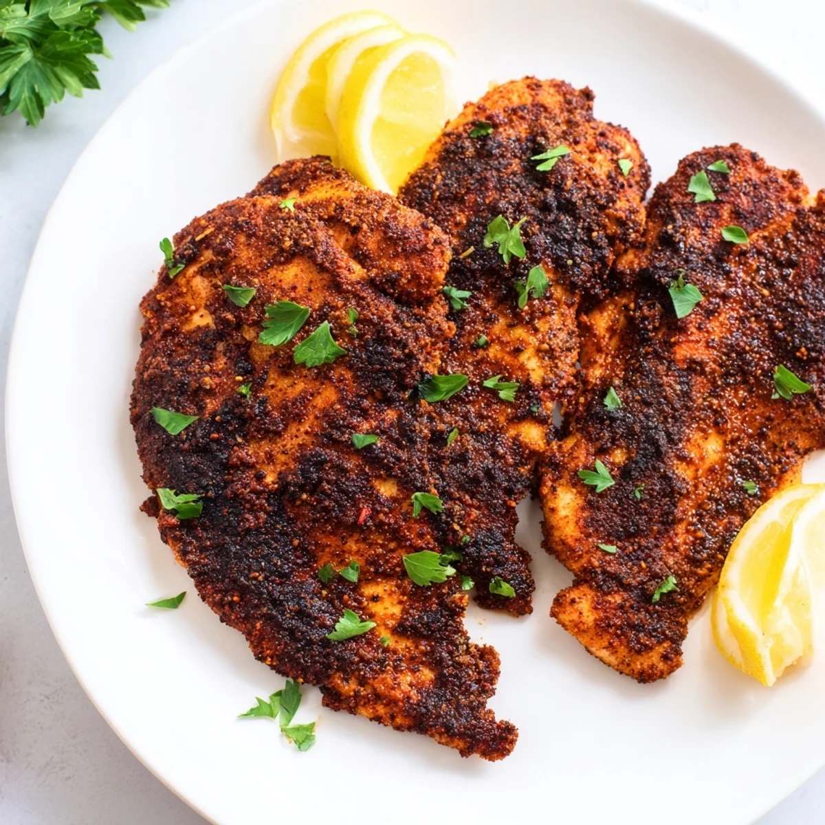 Juicy blackened chicken with smoky charred edges garnished with fresh parsley and lemon wedges