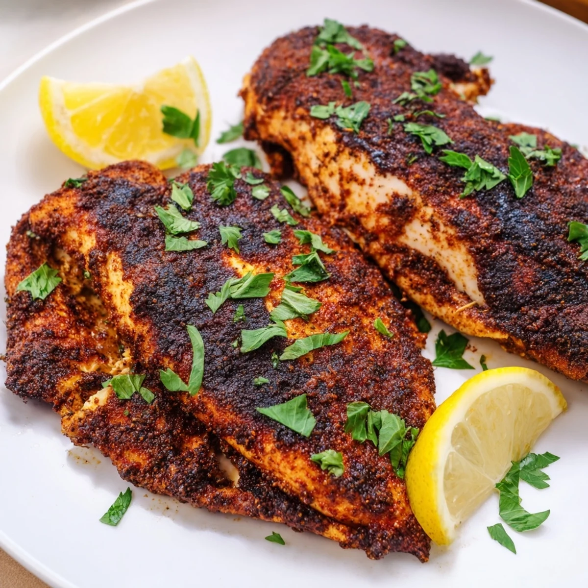 Cast iron skillet of perfectly seasoned blackened chicken with a crispy dark spice coating