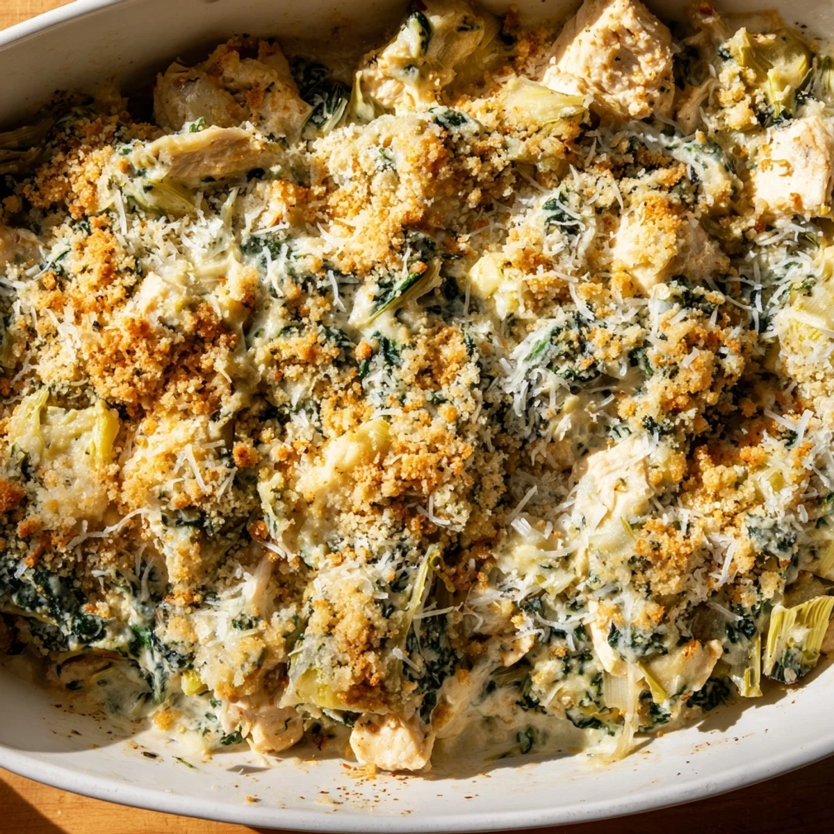 Golden brown high protein spinach and artichoke chicken casserole with melted cheese bubbling on top