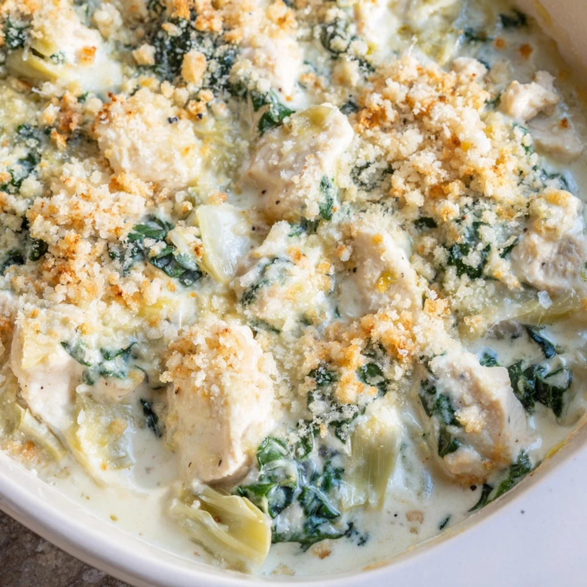 Creamy chicken casserole layered with spinach and artichokes under a crispy breadcrumb topping in a baking dish