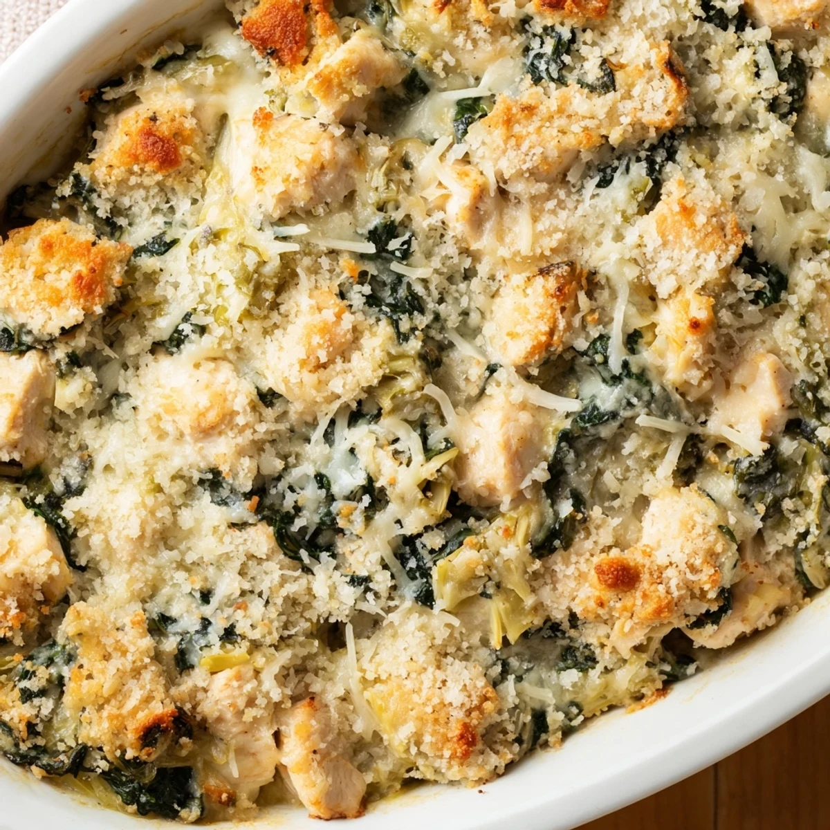 Scoop of cheesy spinach and artichoke chicken casserole served fresh from the oven with steam rising