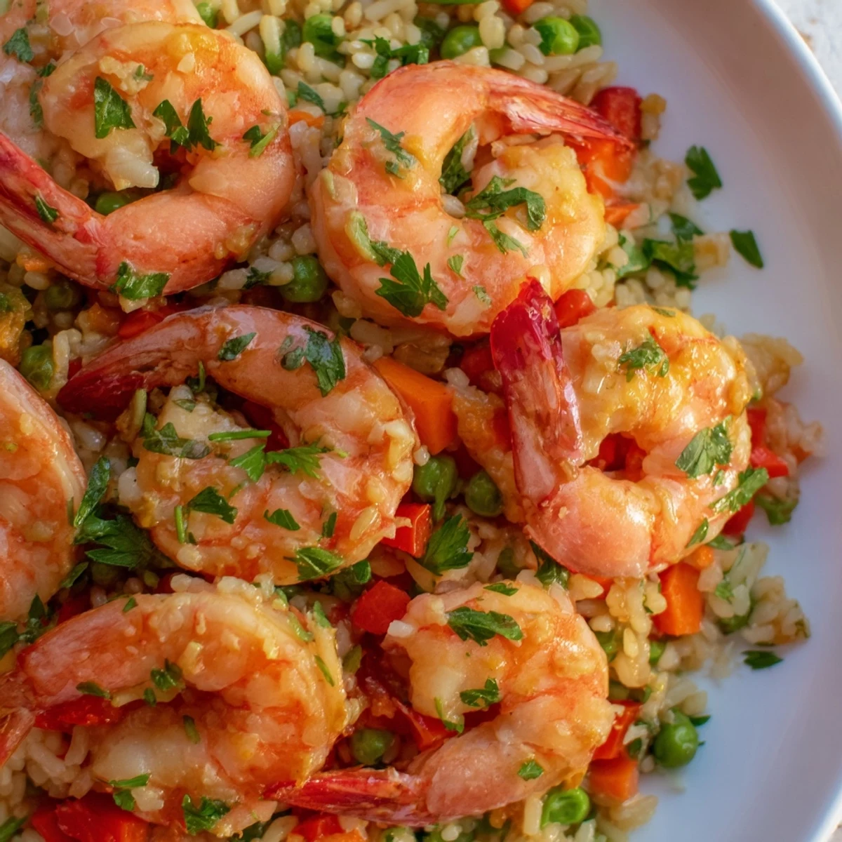 Plated garlic prawns and sweet chilli fried rice garnished with parsley and colorful mixed vegetables