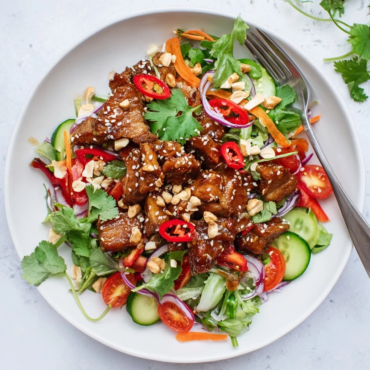 Vibrant salad bowl featuring crispy pork belly with sweet and sour glaze served over crunchy cucumbers carrots and tomatoes