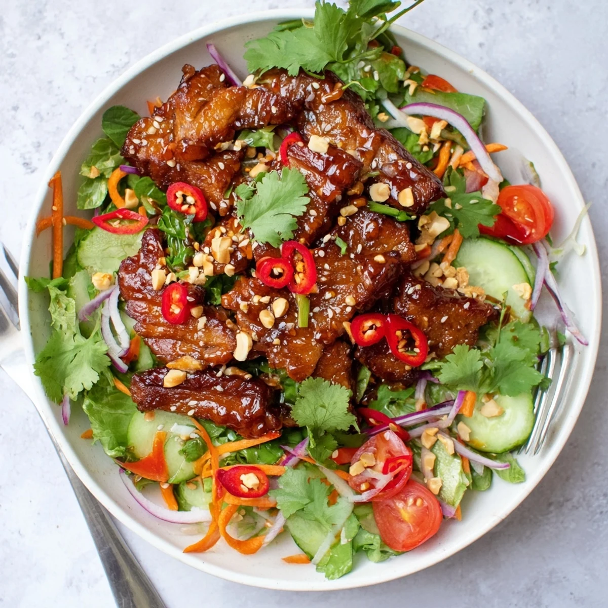 Golden crispy pork belly pieces glazed in tangy sweet and sour sauce atop fresh mixed greens and colorful vegetables