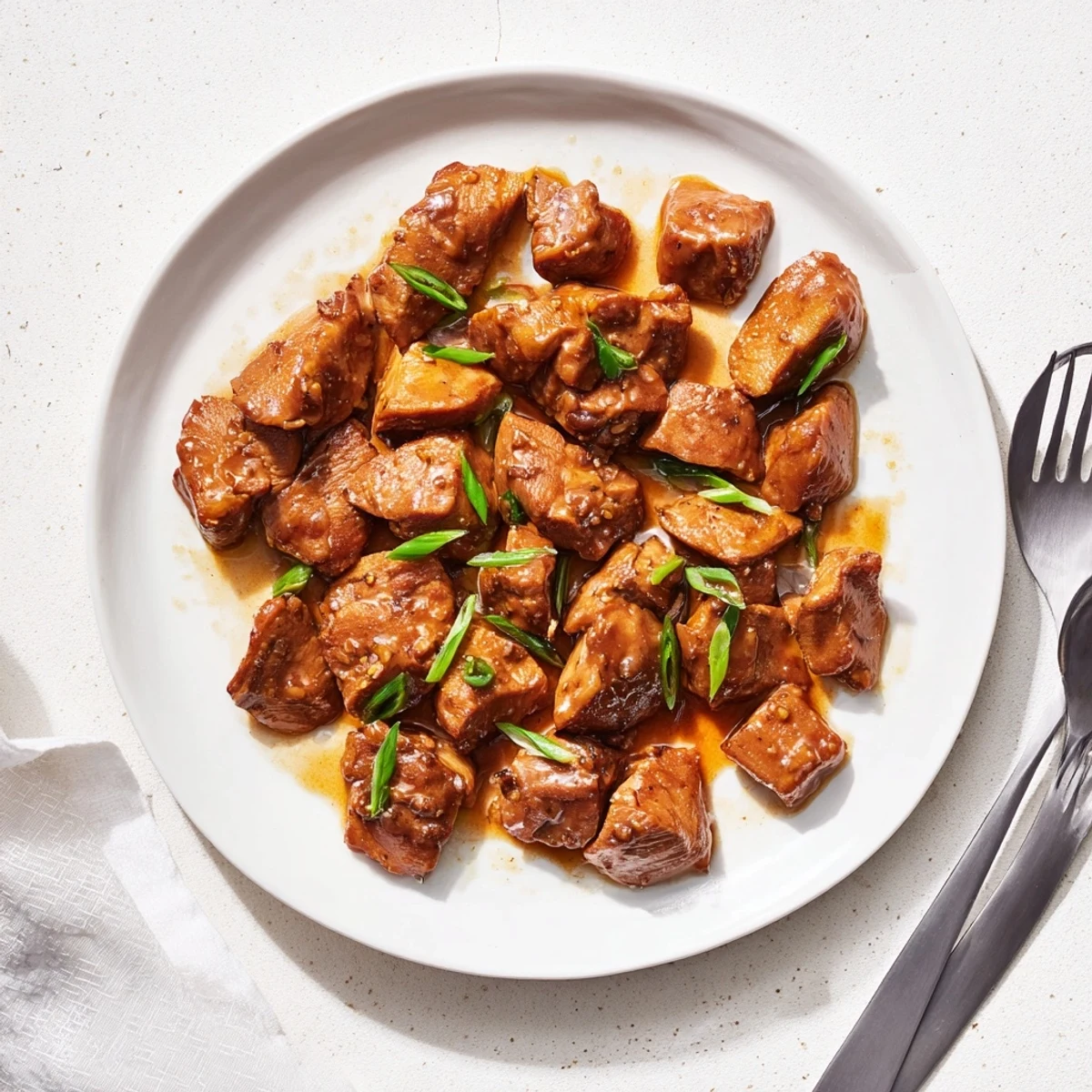 Golden brown sweet and savory Mongolian chicken glazed in a rich soy ginger sauce and garnished with fresh green onions
