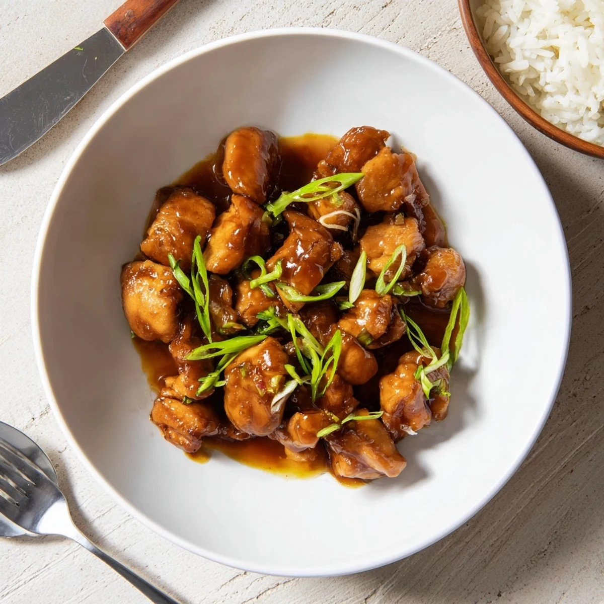 Tender pieces of sweet and savory Mongolian chicken simmered in a thick glossy brown sugar sauce ready to serve over rice