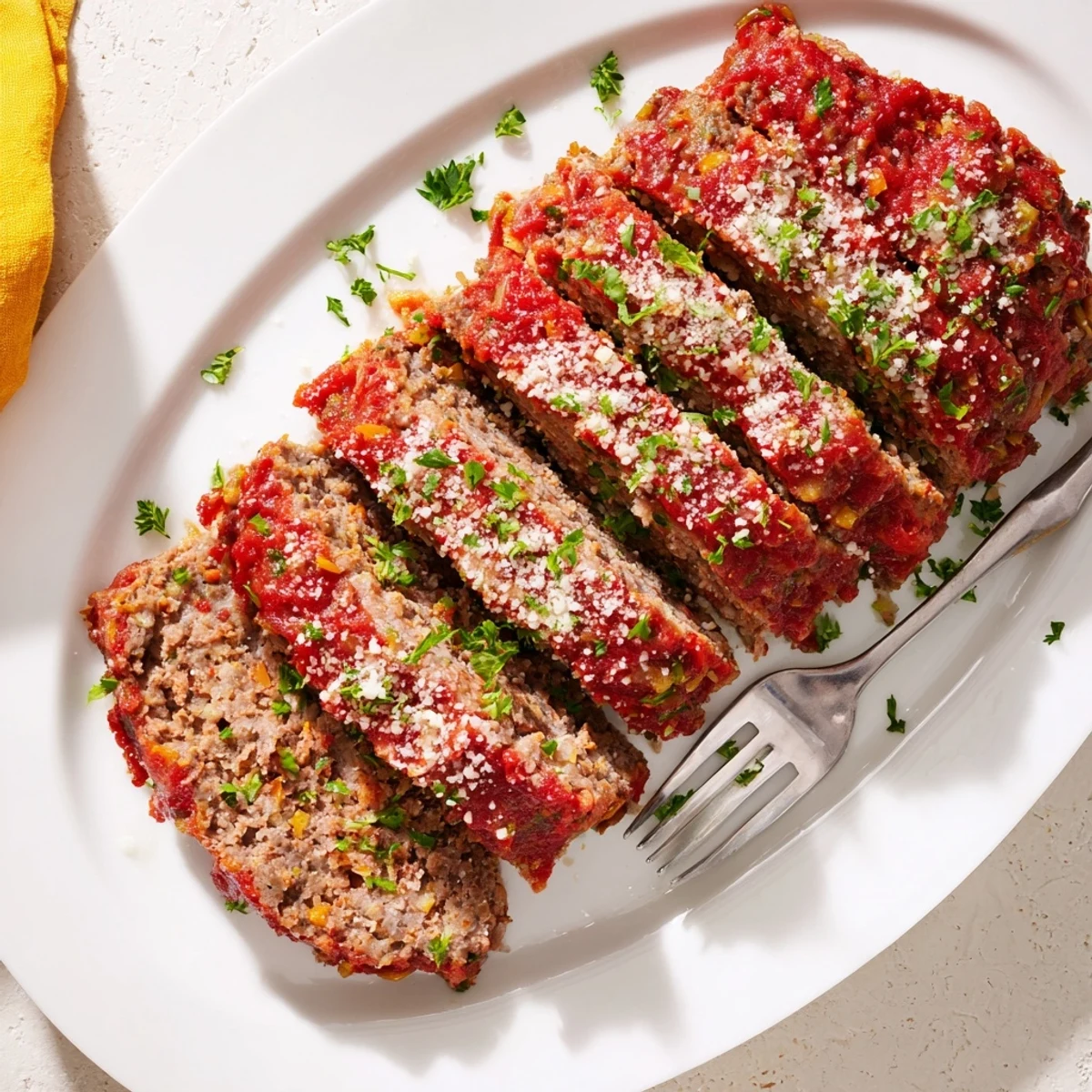 Golden brown garlic Parmesan meatloaf glazed with tomato sauce and sprinkled with grated cheese