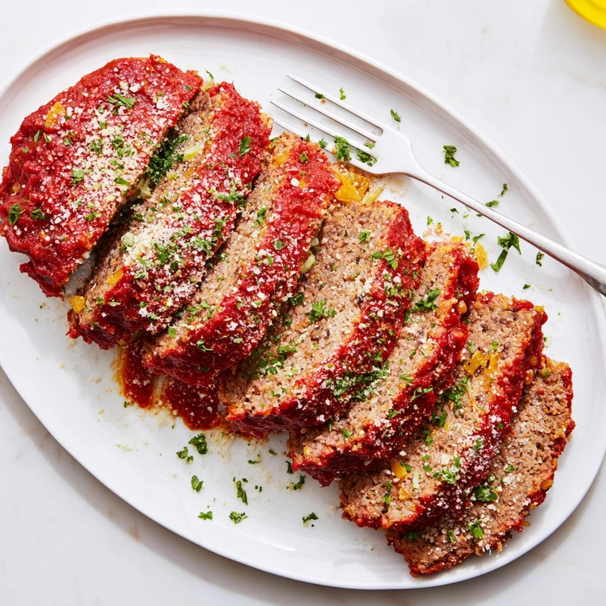 Whole baked meatloaf topped with ketchup glaze and extra Parmesan on a parchment lined baking sheet