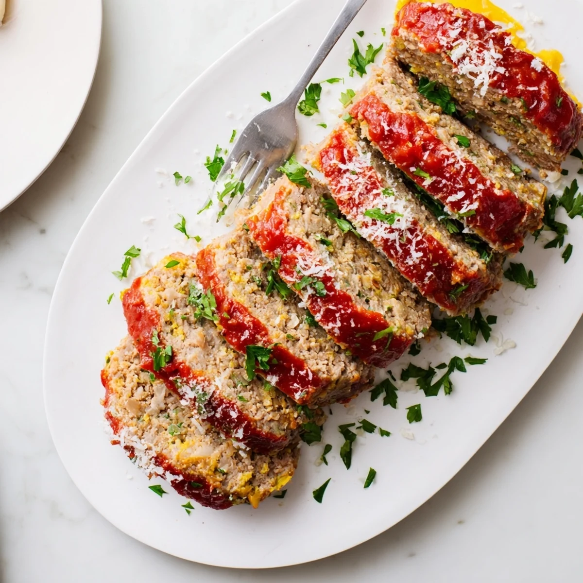Savory sliced meatloaf with visible Parmesan and garlic garnished with fresh parsley on a white plate