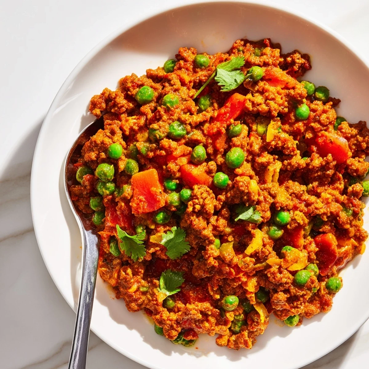 Rich Indian Keema Curry served steaming hot over fluffy white rice with lemon wedges